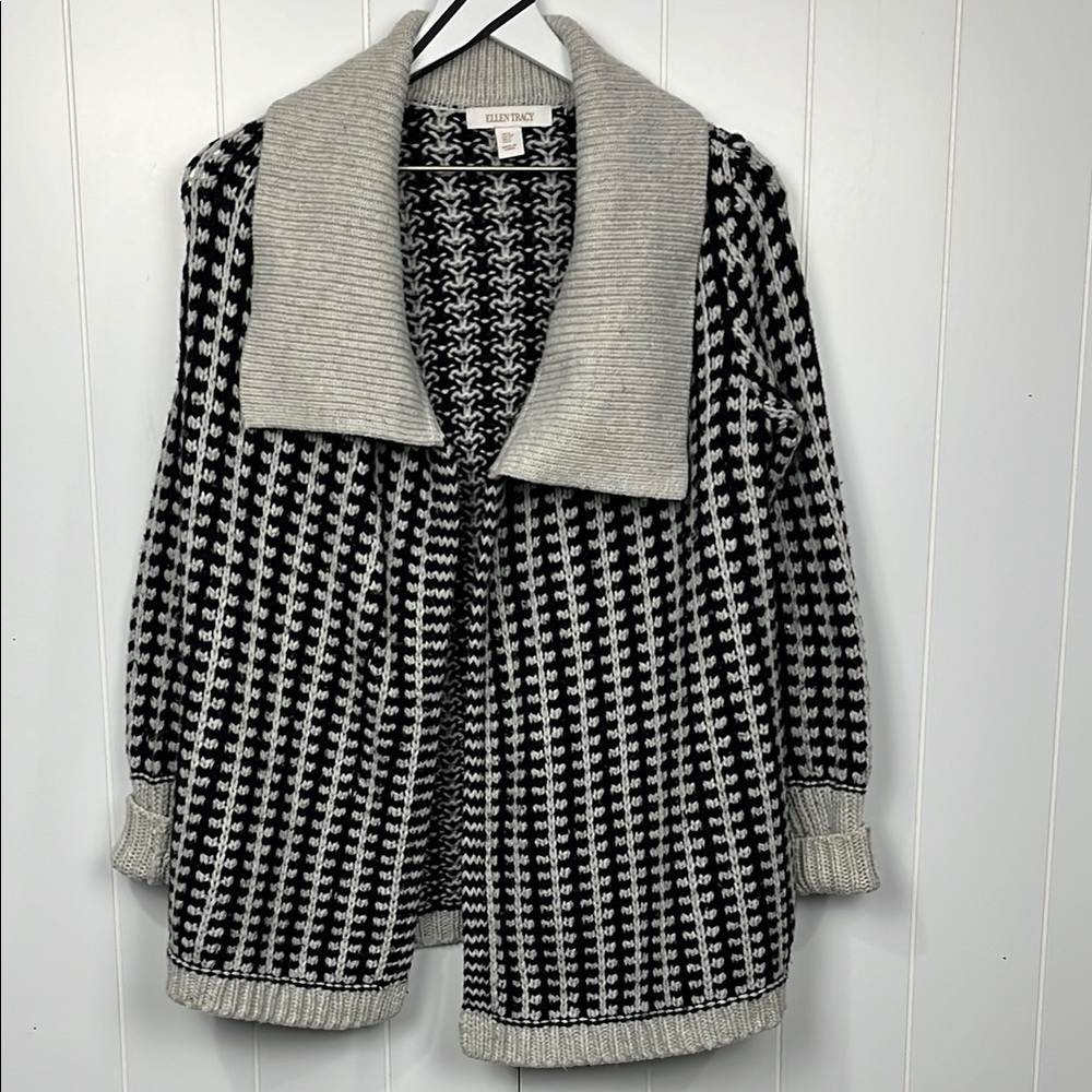 Ellen Tracy Womens Cardigan S Black/Cream Open Front Shawl Collar Chunky Texture